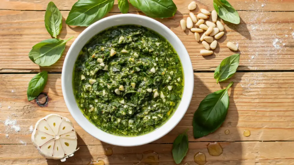 bowl of fresh basil pesto surrounded by basil leaves, pine nuts, and garlic on a wooden table