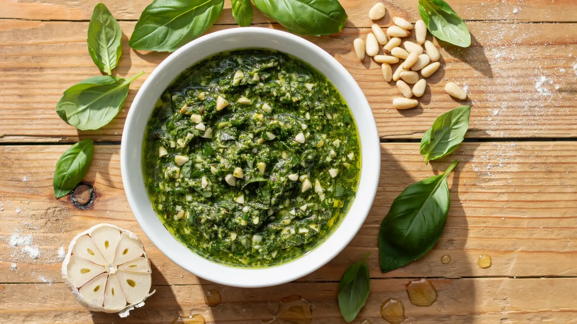 bowl of fresh basil pesto surrounded by basil leaves, pine nuts, and garlic on a wooden table