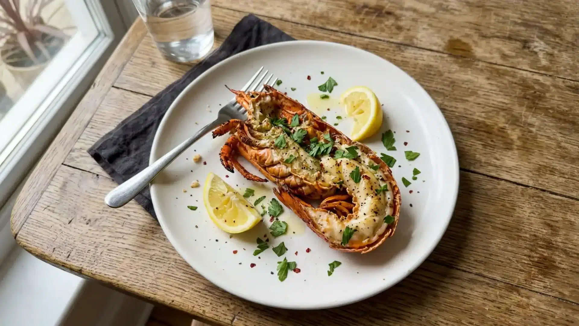 grilled lobster tail split open and garnished with herbs, lemon, and black pepper on a plate