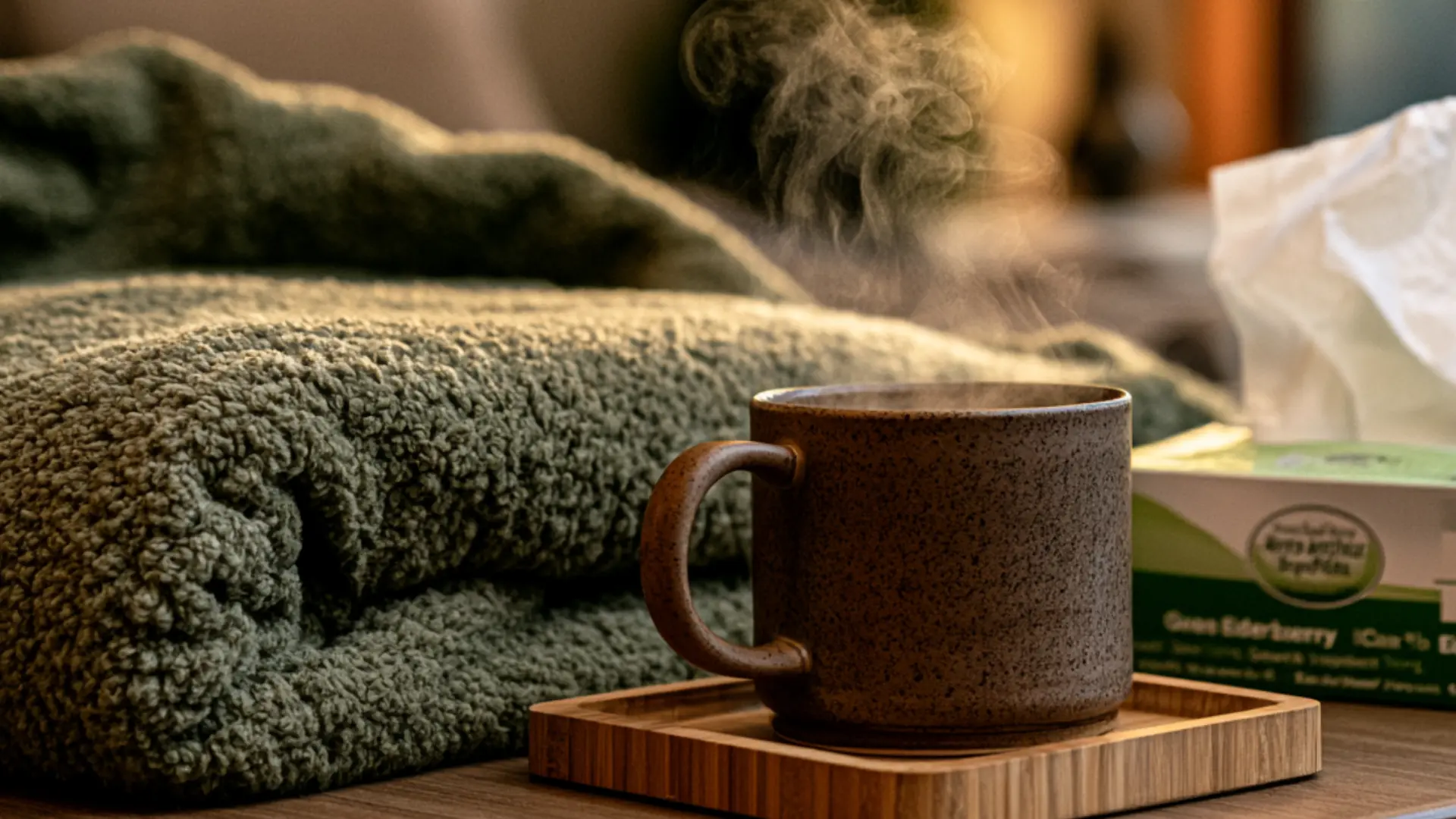 steaming mug of elderberry tea next to a blanket and tissue box