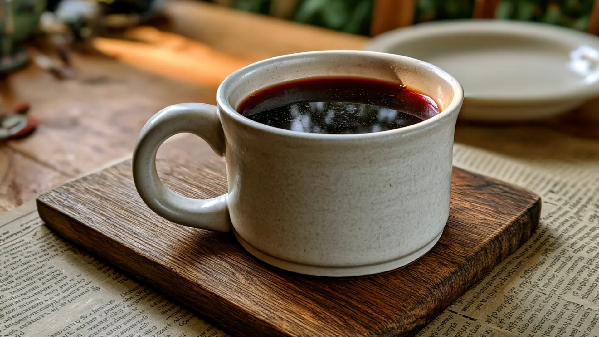 mug of elderberry tea placed on a dining table after a meal