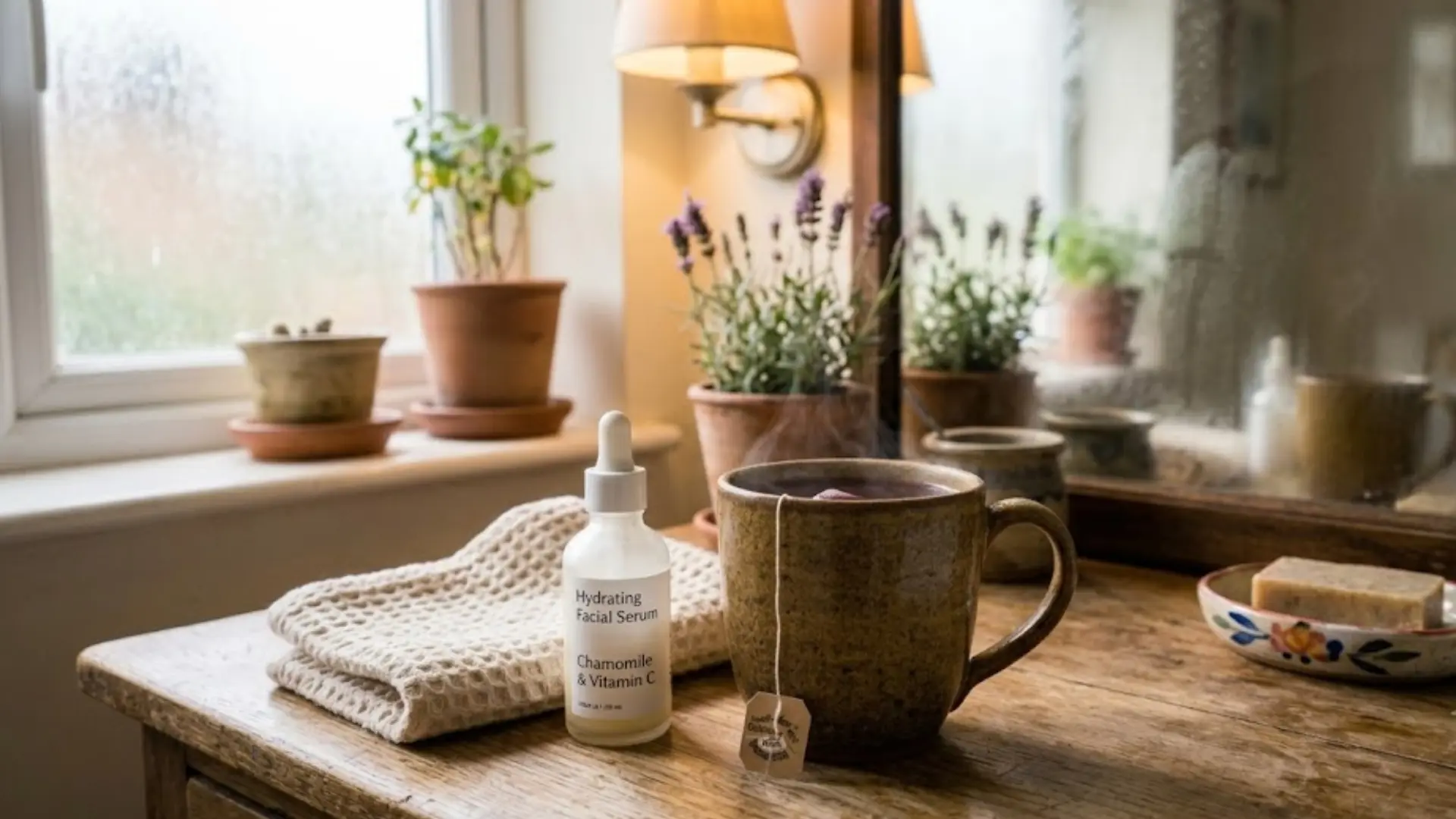 mug of elderberry tea resting on a bathroom counter with skincare bottle