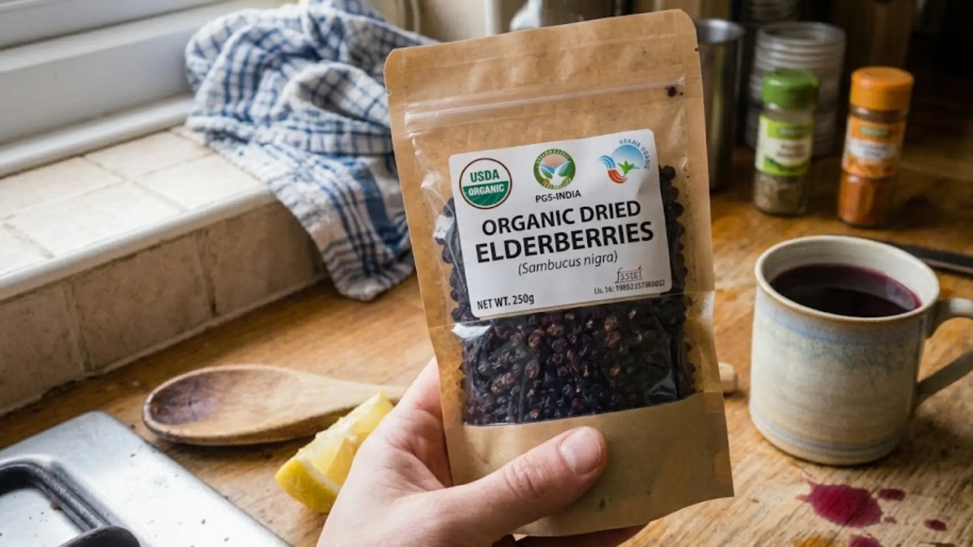 hand holding a bag of organic dried elderberries with visible label