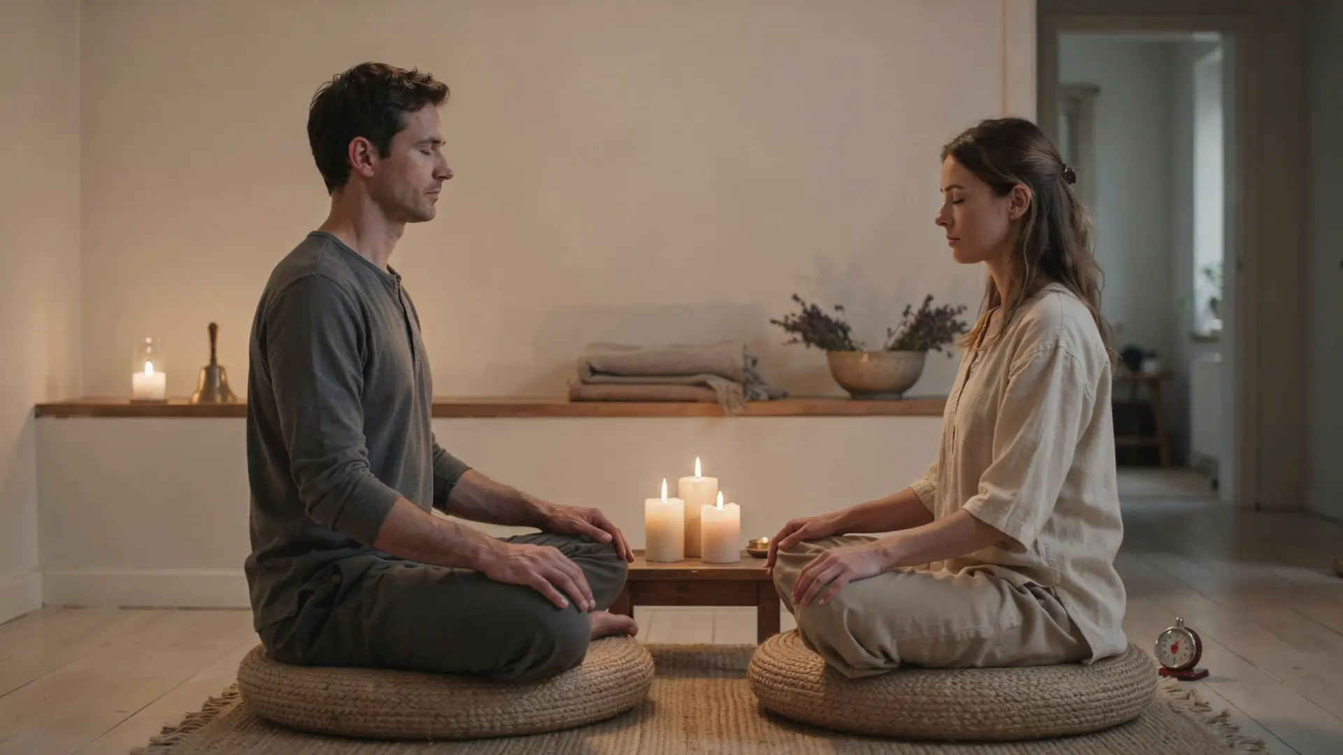 a man and woman sitting cross-legged facing each other in a spiritual space during a timed meditation routine