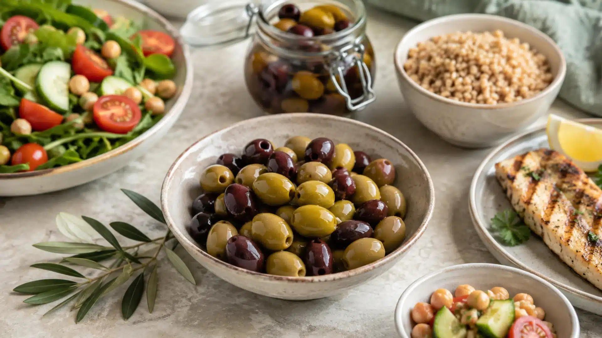 mixed olives with salad, chickpeas, whole grains and grilled fish in a balanced meal