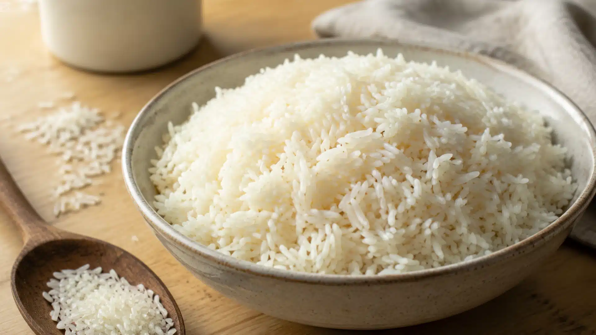white basmati rice in a ceramic bowl with uncooked grains on a wooden spoon