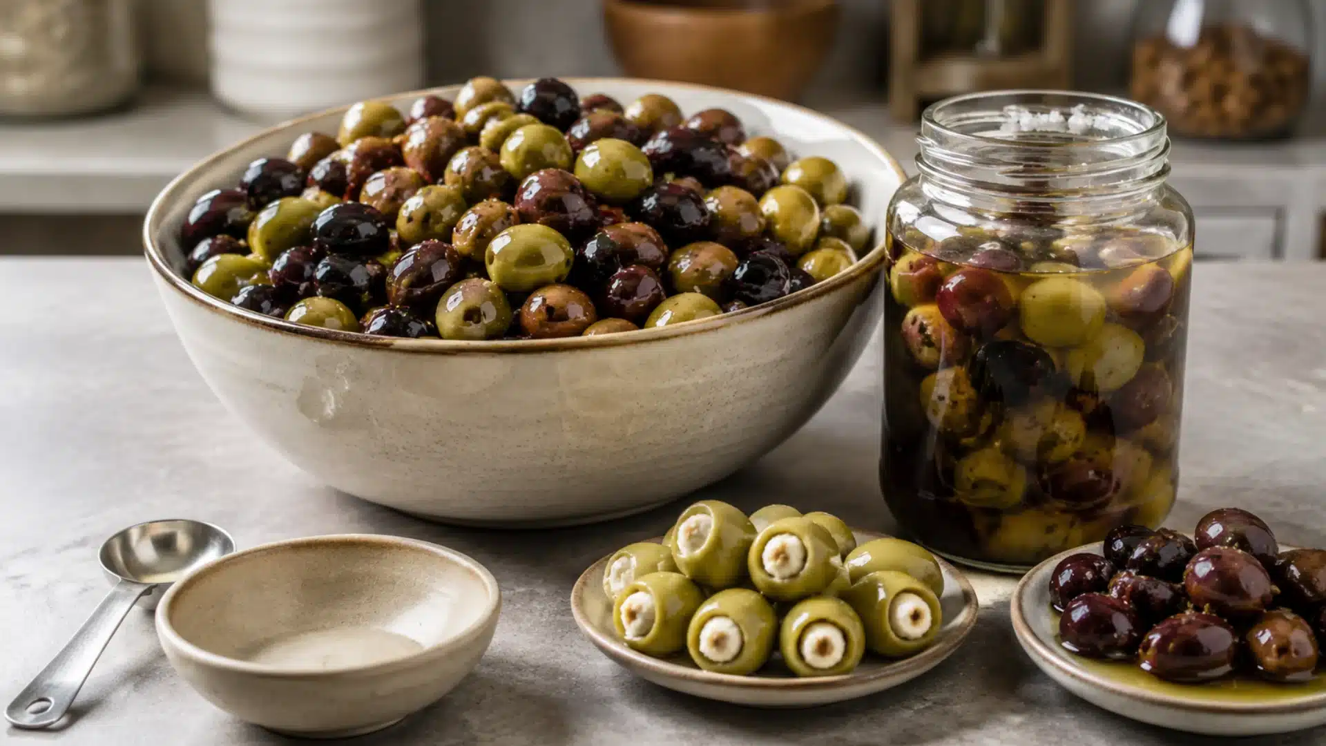 oversized bowl of olives beside brined, cheese-stuffed and oil-marinated varieties
