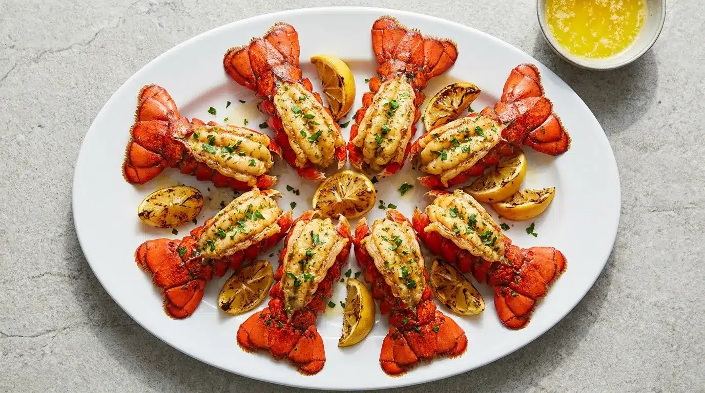 grilled lobster tails with parsley and charred lemon wedges on a platter, served with melted butter