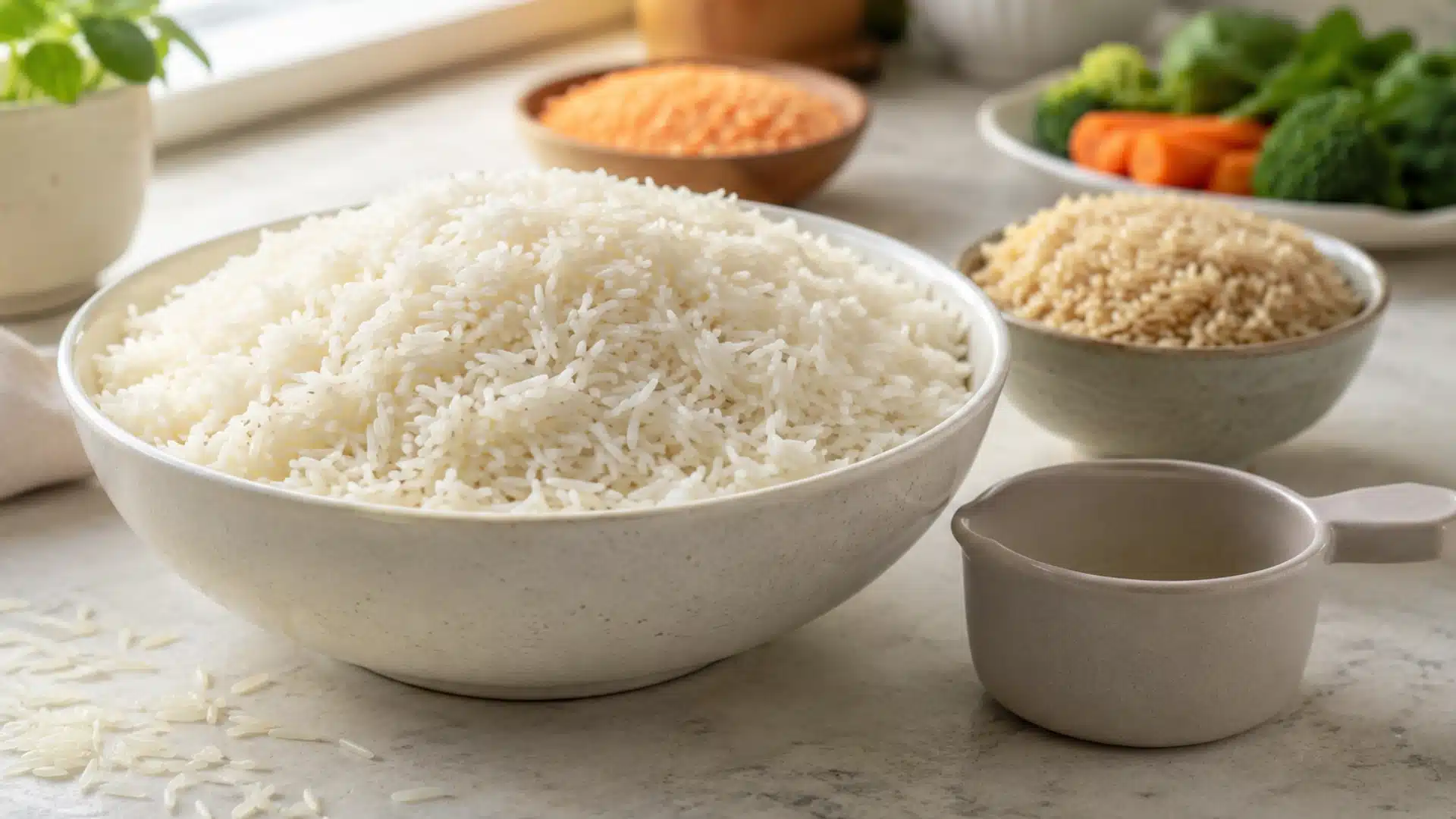 oversized bowl of white basmati rice with measuring cup, brown rice, lentils and vegetables