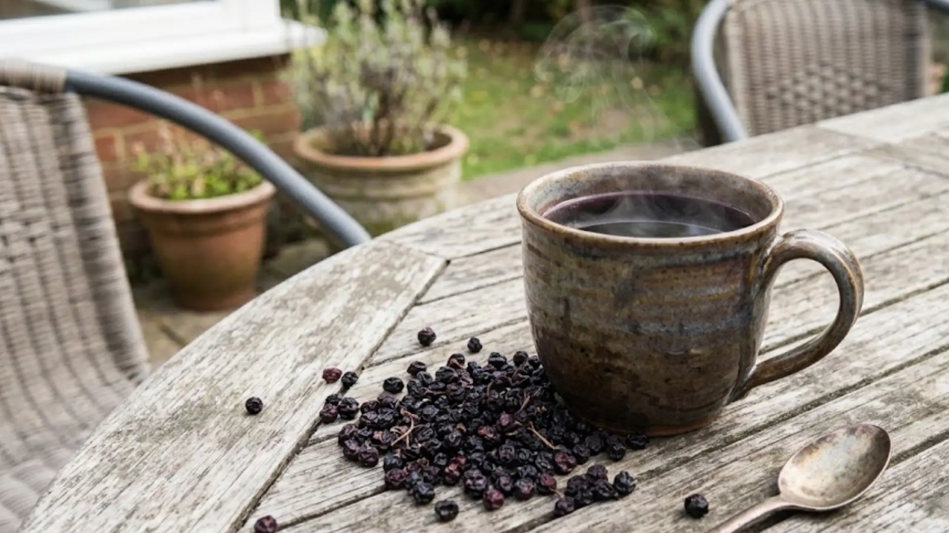mug of deep purple pure elderberry tea with dried berries nearby