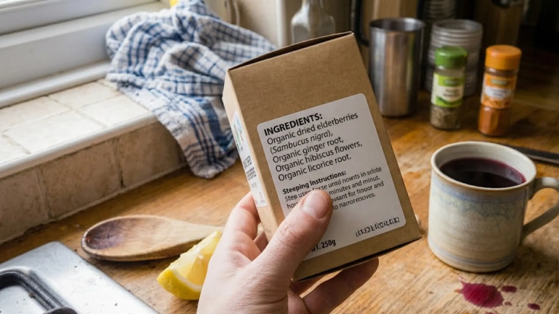reading the ingredient label on the back of an elderberry tea box