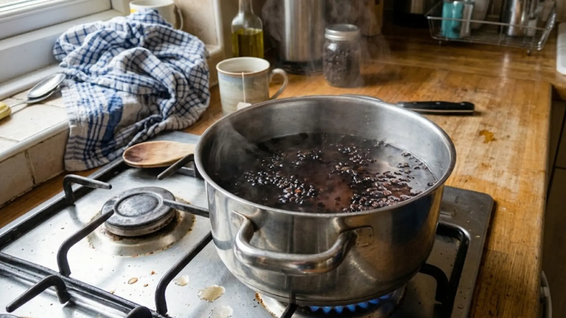 small pot of elderberry tea simmering gently on a stovetop with steam