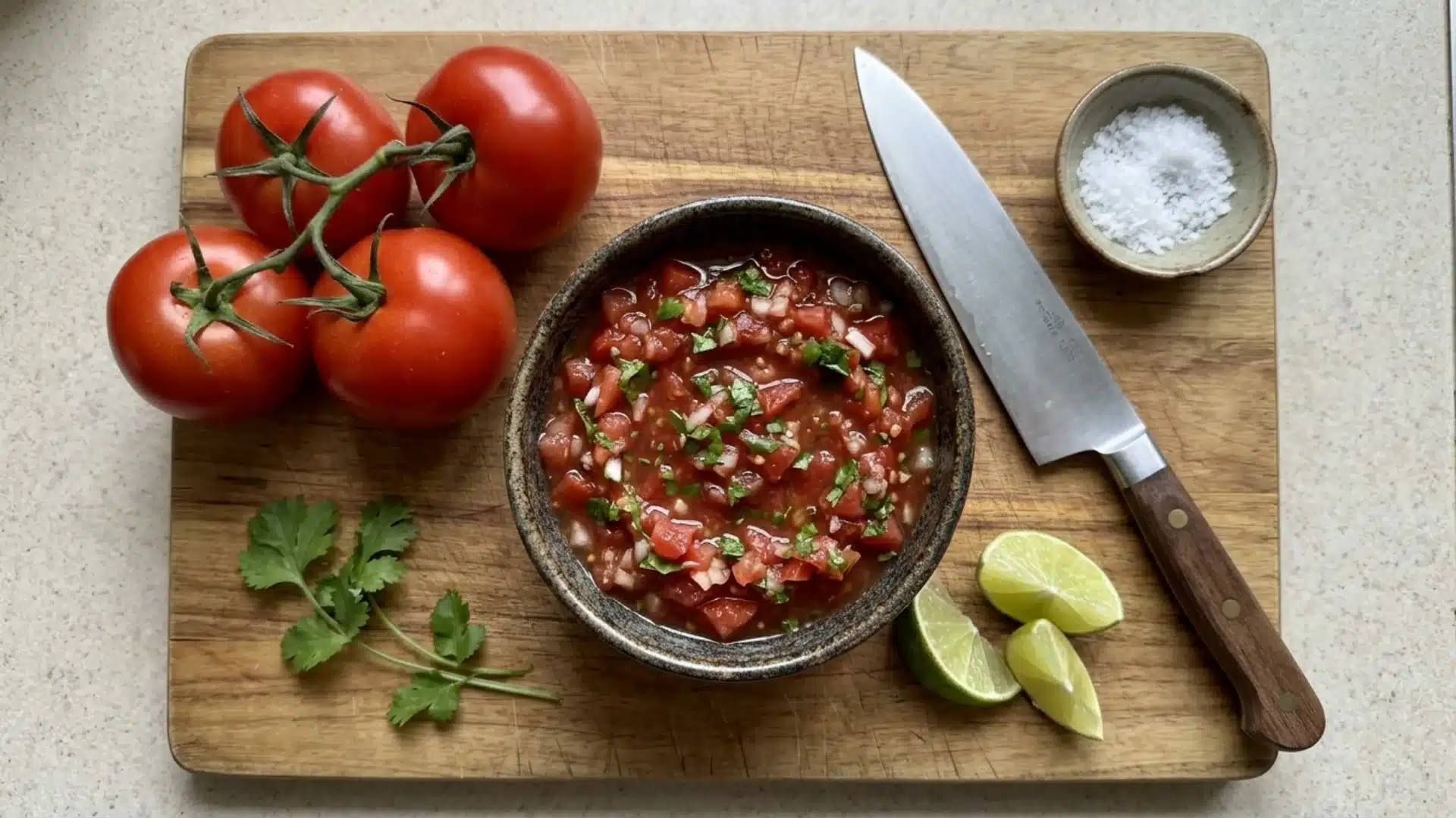 fresh tomatoes cilantro and lime beside a bowl of diced tomato salsa on a wood cutting board