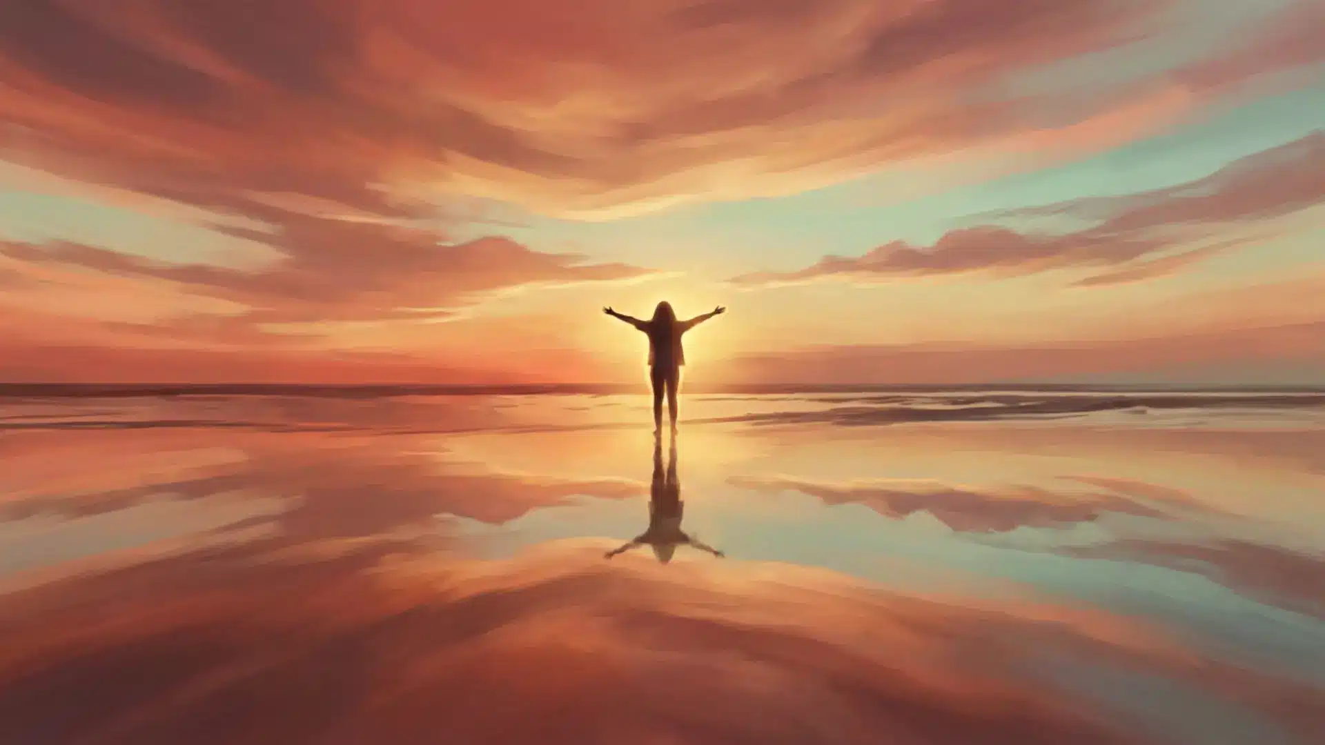 silhouette of a person standing on a reflective shoreline with arms outstretched toward a glowing sunset, symbolizing the signs that often appear before the spiritual awakening stages.