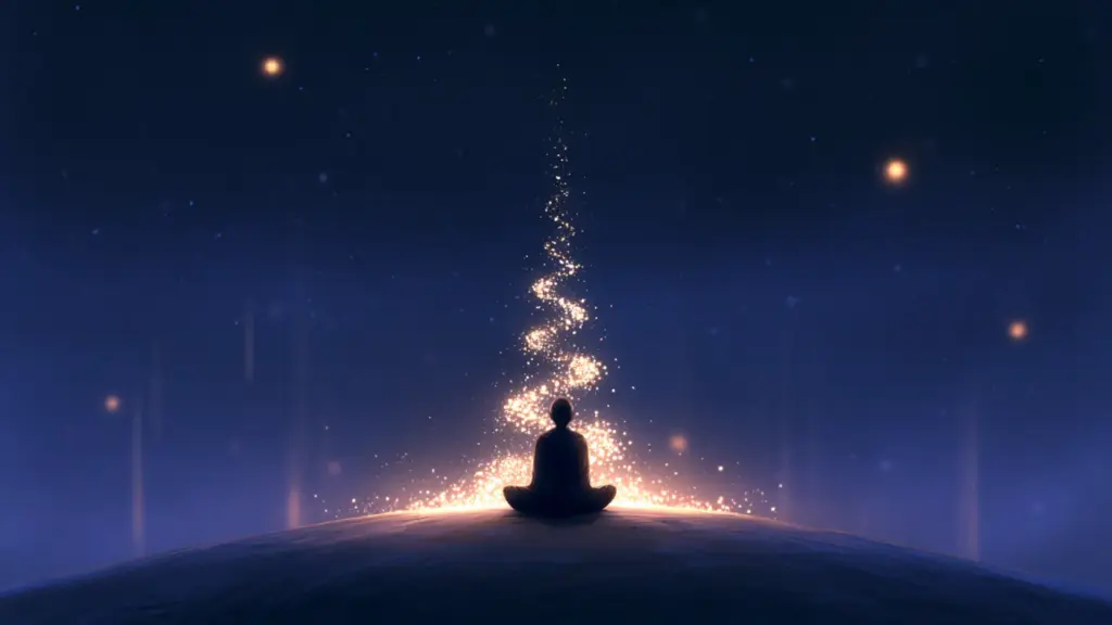 a person sitting on a hilltop, with a stream of light rising from a starry sky, representing the spiritual awakening stage