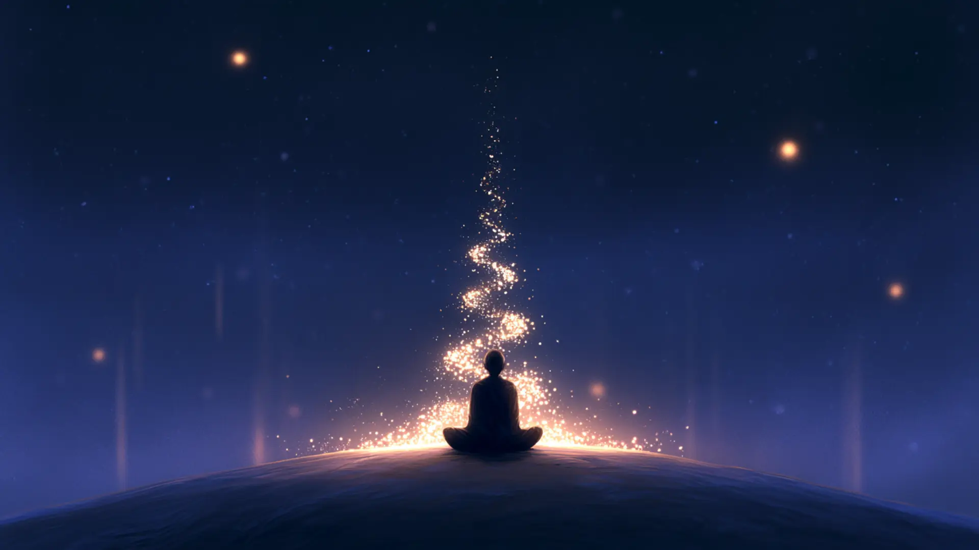 a person sitting on a hilltop, with a stream of light rising from a starry sky, representing the spiritual awakening stage