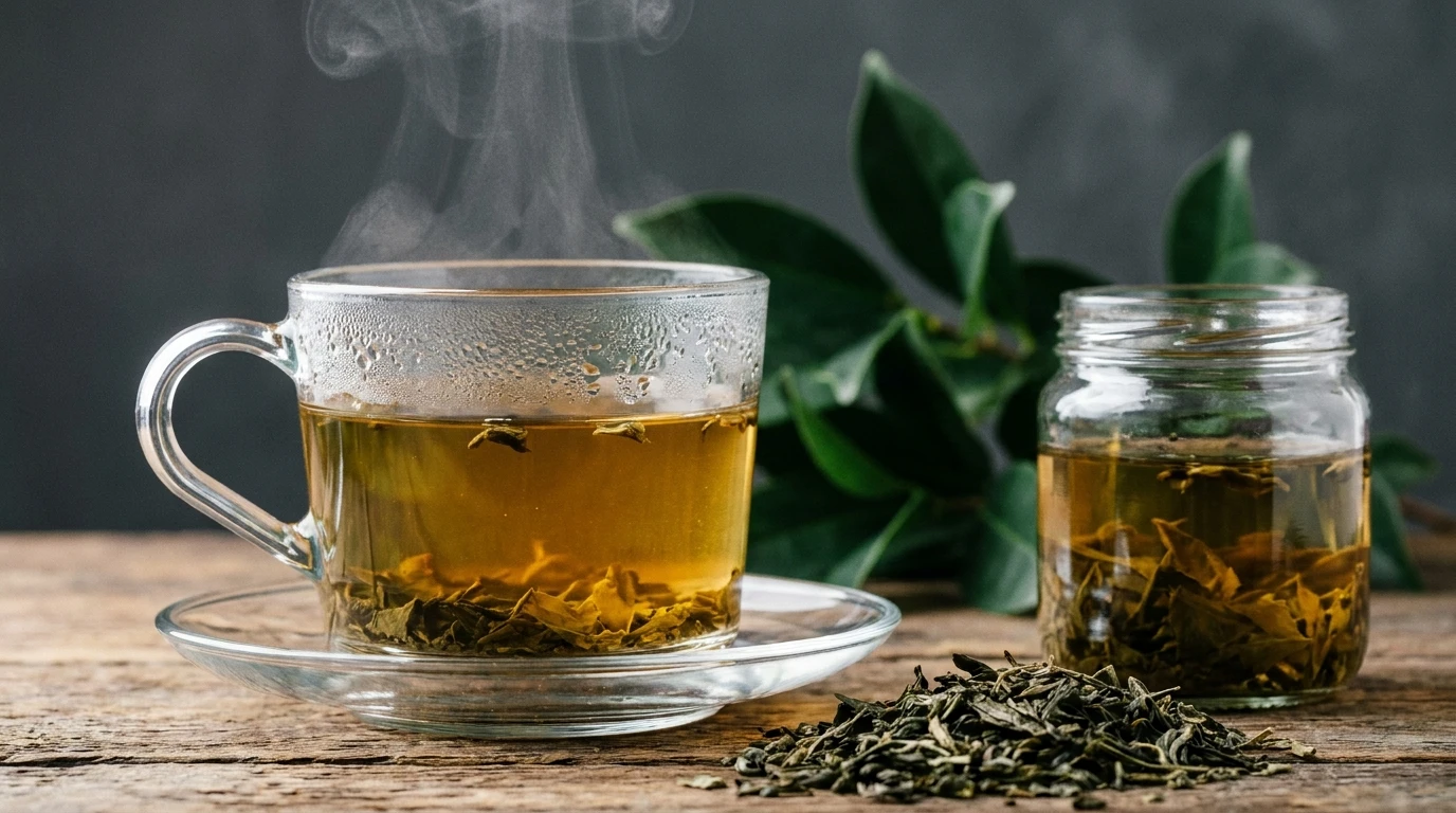 steaming golden herbal tea in a glass cup and saucer beside a jar of tea leaves, with fresh green leaves in the background