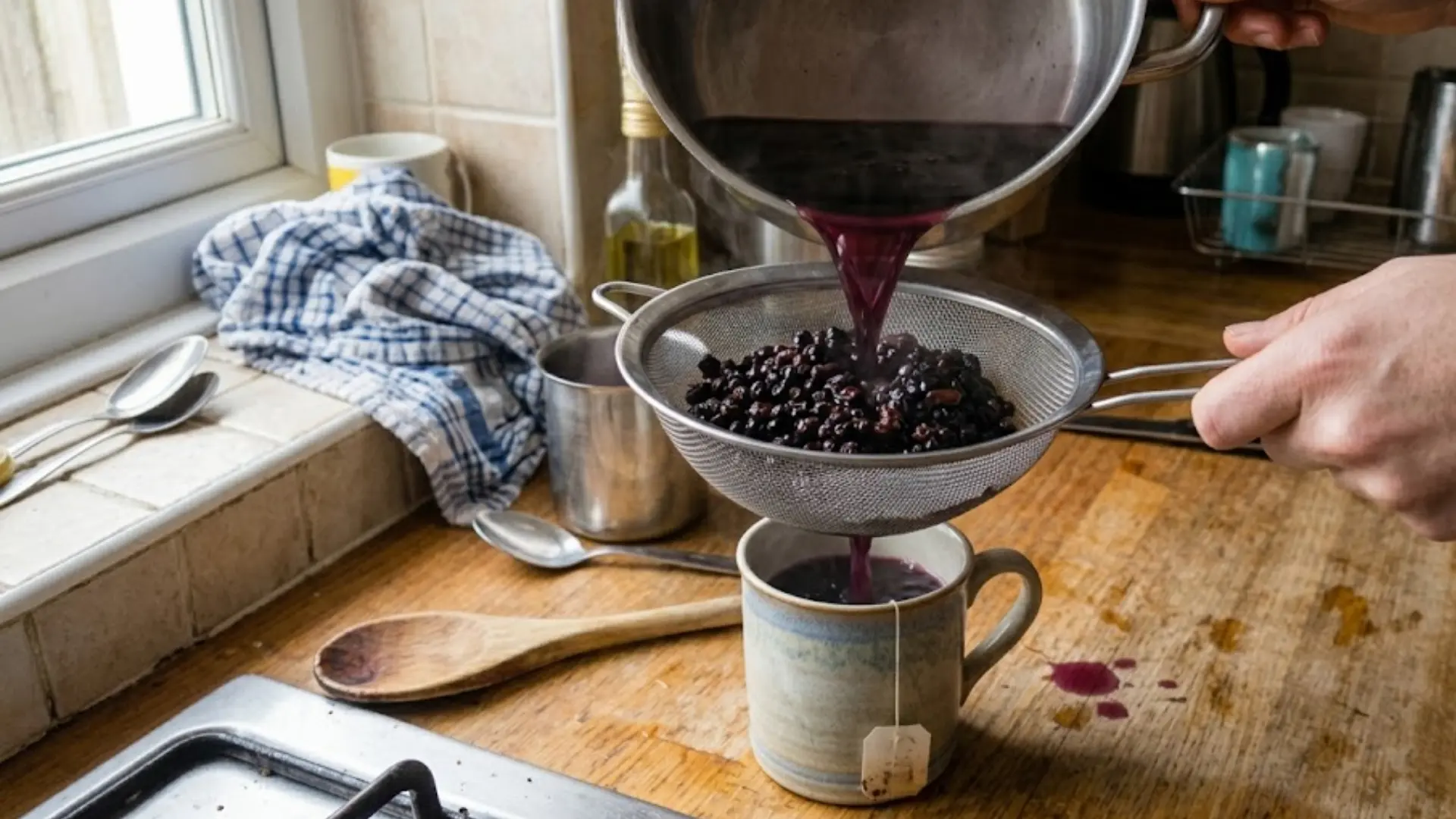 straining brewed elderberry tea through a mesh strainer into a mug