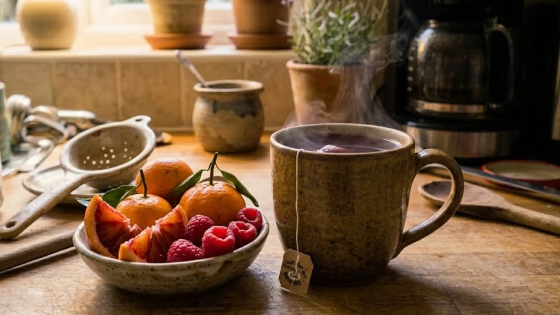 mug of elderberry tea beside fresh oranges and vitamin c rich fruits