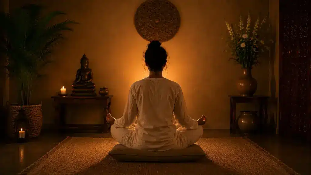 silhouette of a person meditating facing warm glowing light in a dark background