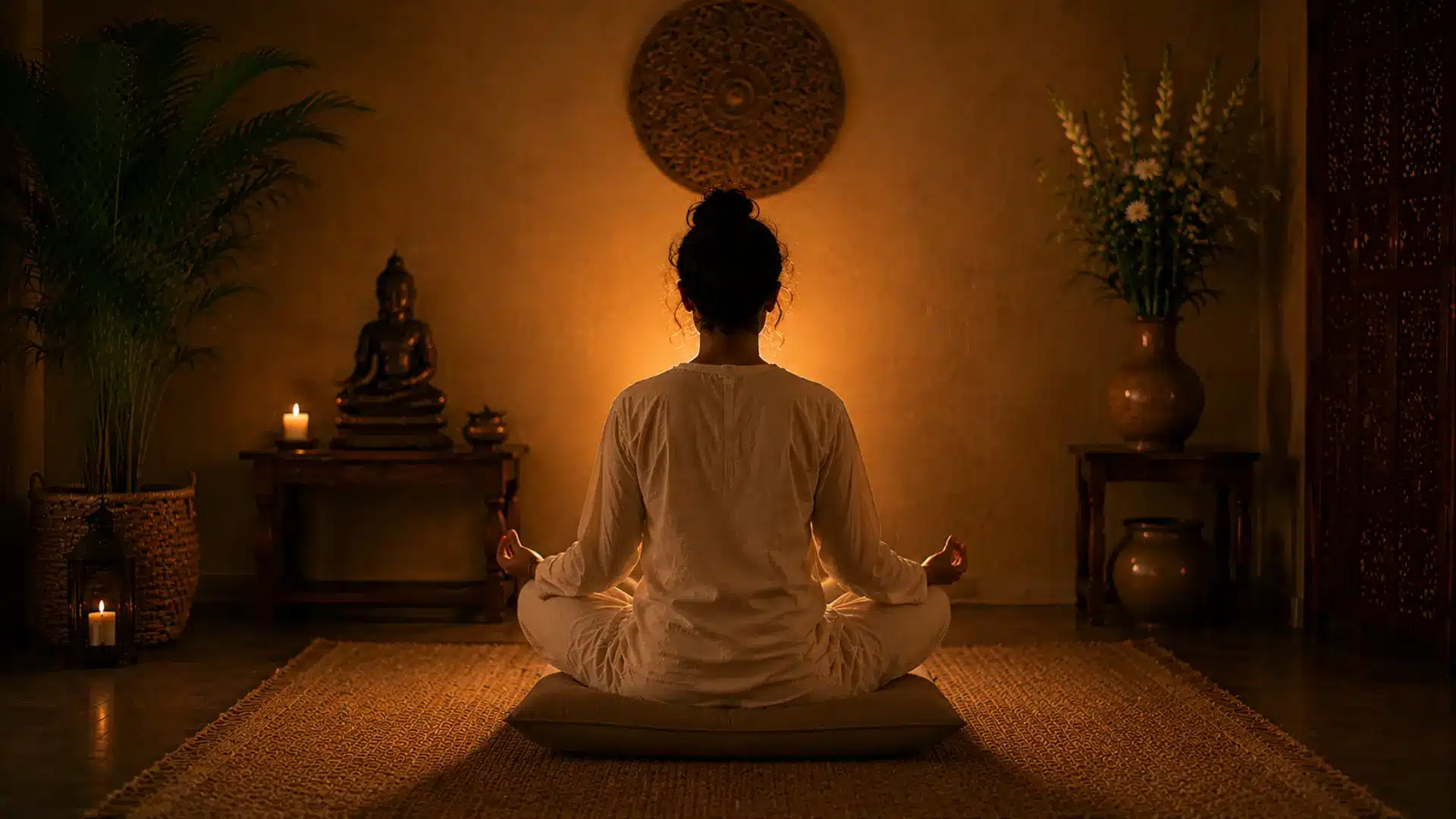 silhouette of a person meditating facing warm glowing light in a dark background