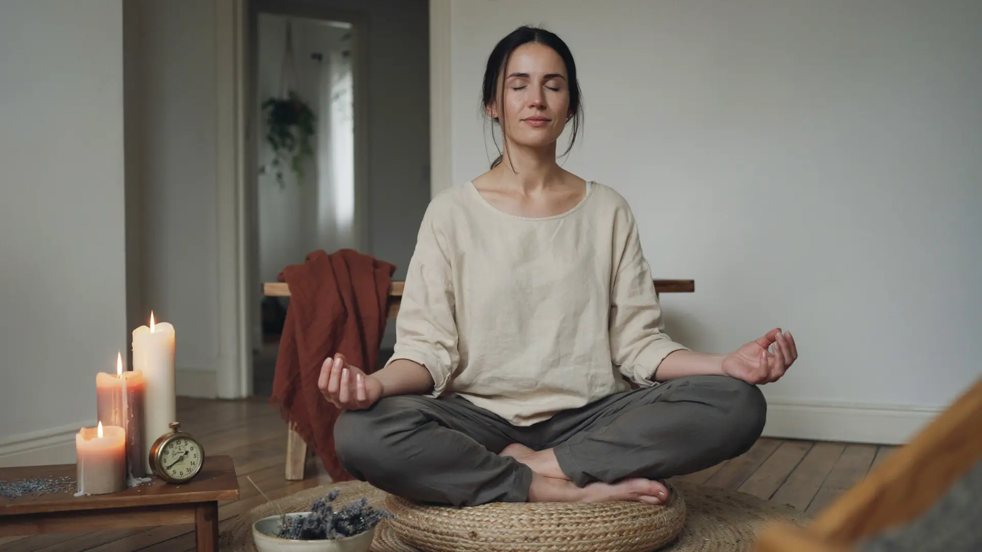 woman sitting cross-legged alone in a spiritual space during a timed meditation routine