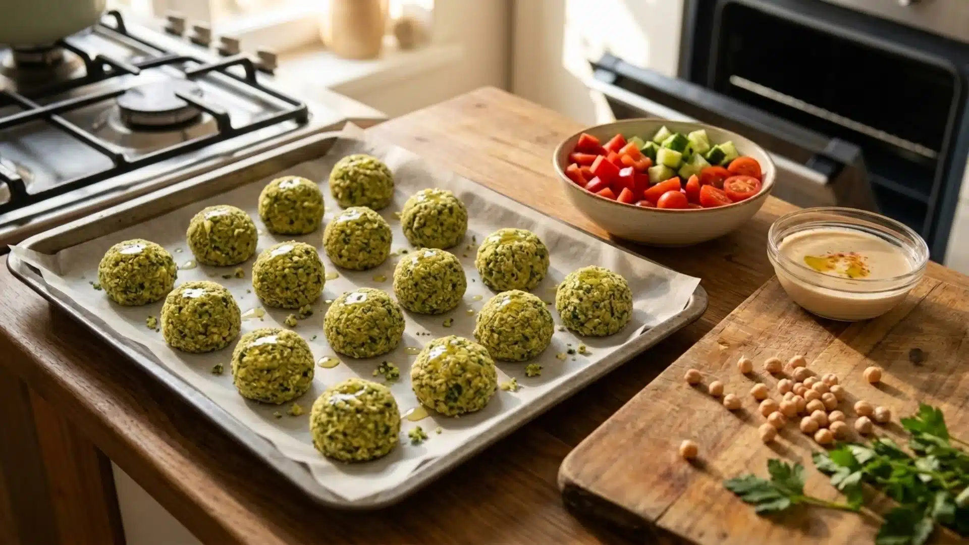 baking tray with uncooked falafel patties beside chopped vegetables and tahini sauce bowl