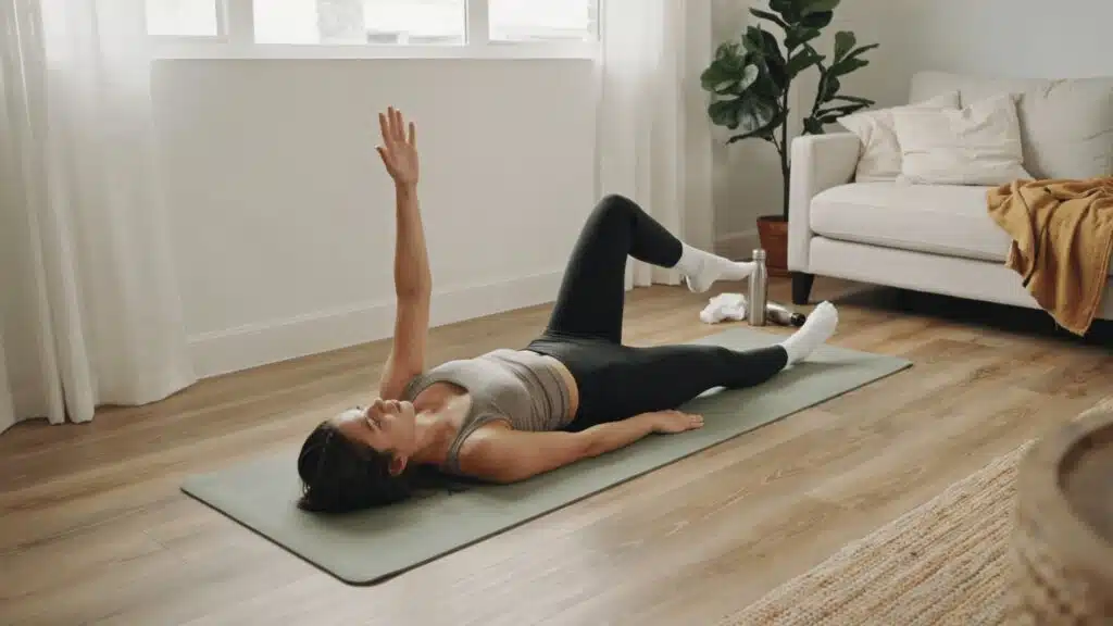 woman performing dead bug exercise on mat with arms raised and one leg extended in living room