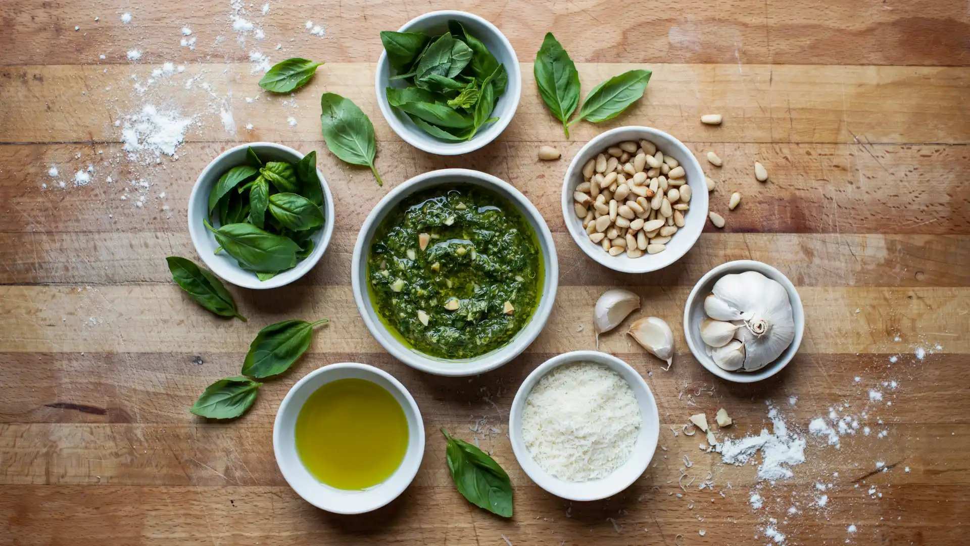 basil, pine nuts, garlic, olive oil, and parmesan arranged around a bowl of pesto