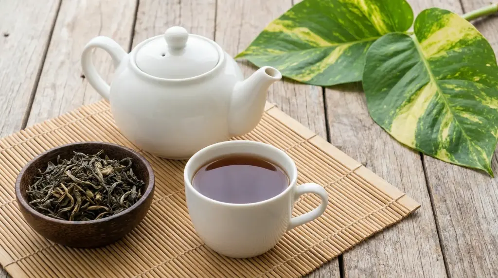 white teapot and cup of brewed tea beside a bowl of loose tea leaves on a bamboo mat, with green leaves on a table