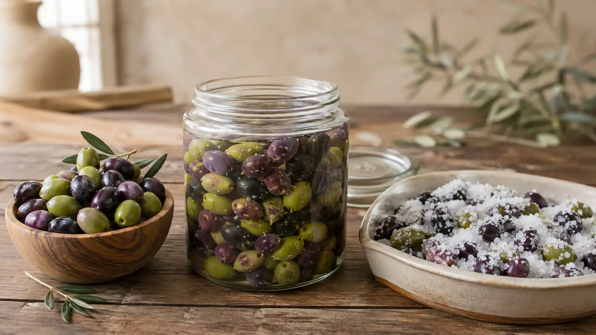 fresh olives beside a jar of brined olives and a tray of olives curing in coarse salt
