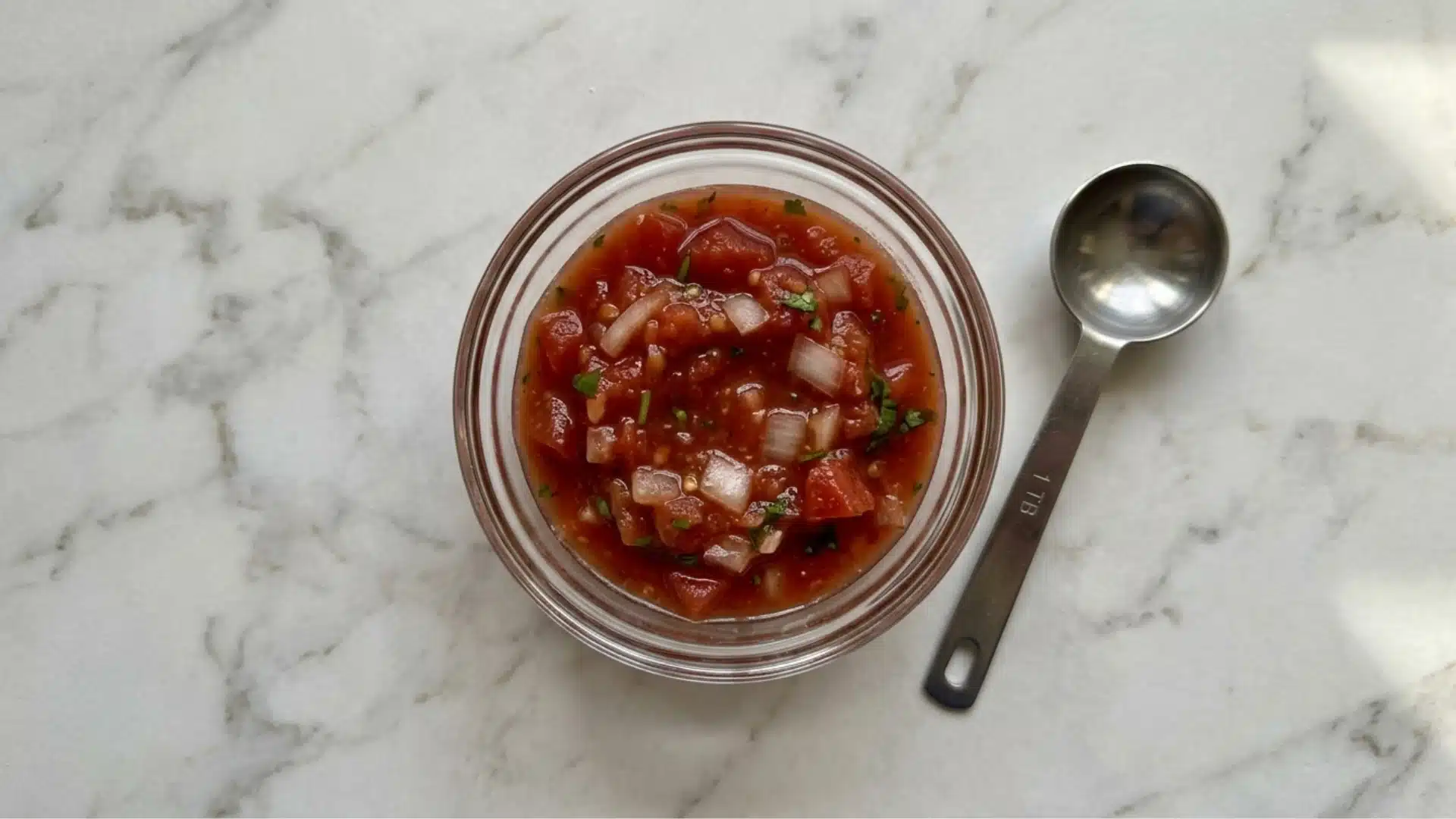 small glass bowl of fresh tomato salsa with diced onion and cilantro beside a measuring spoon