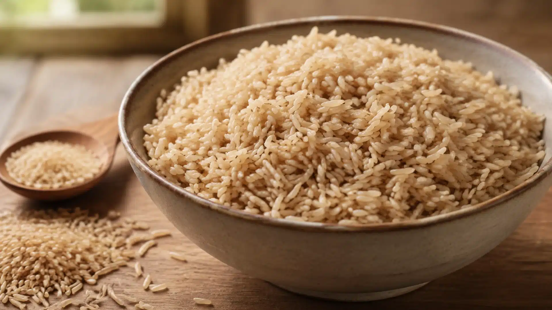 cooked brown basmati rice in a ceramic bowl with uncooked grains scattered on a wooden table